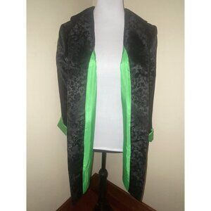 Vintage Black Brocade Long Sleeve Coat Jacket With Satin Green Lining Medium